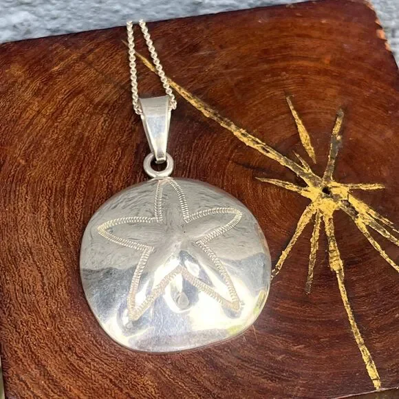 Vintage Sand Dollar Necklace 925 Large Shell Pendant ATI Mexico jewelry - Picture 3 of 10